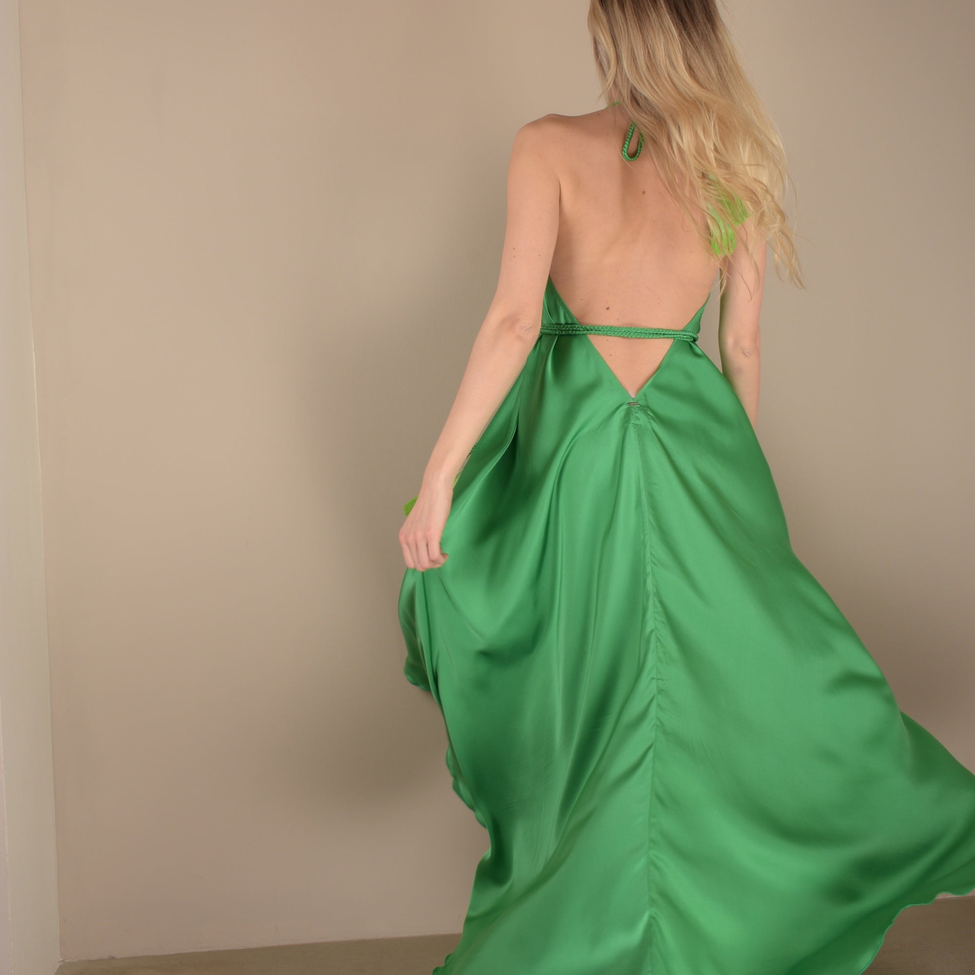 open back dress green forest